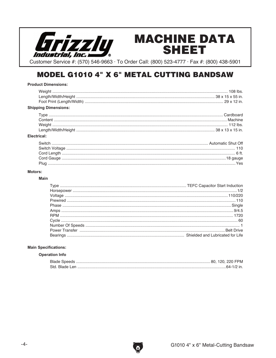 Machine data sheet | Grizzly G1010 User Manual | Page 6 / 48