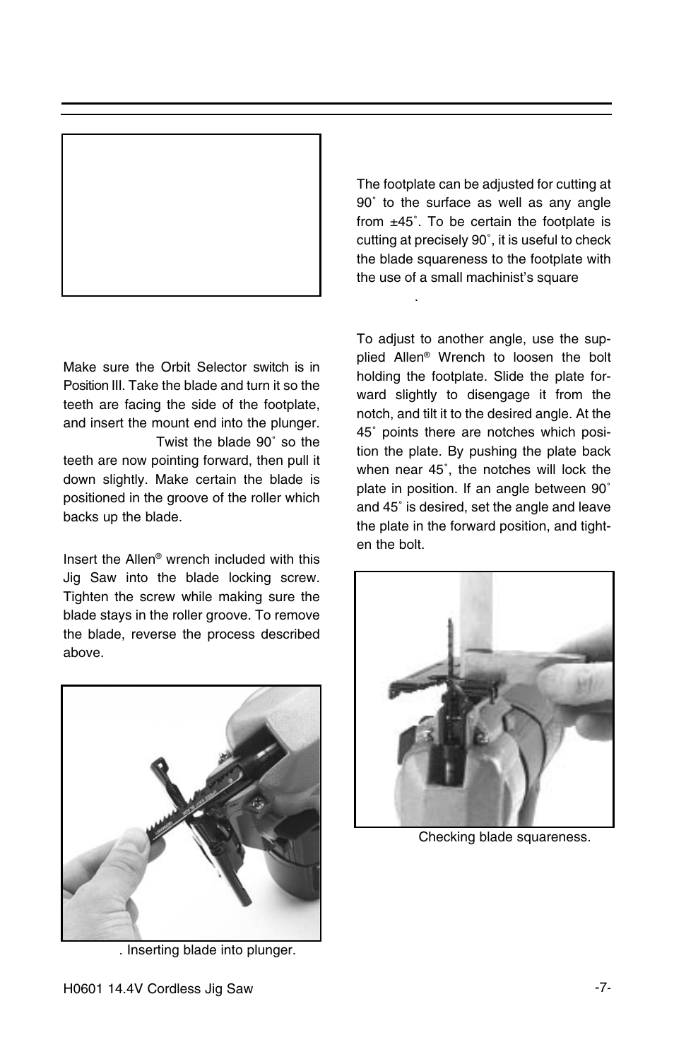 Operations, Changing blades, Footplate adjustment | Grizzly H0601 User Manual | Page 9 / 14