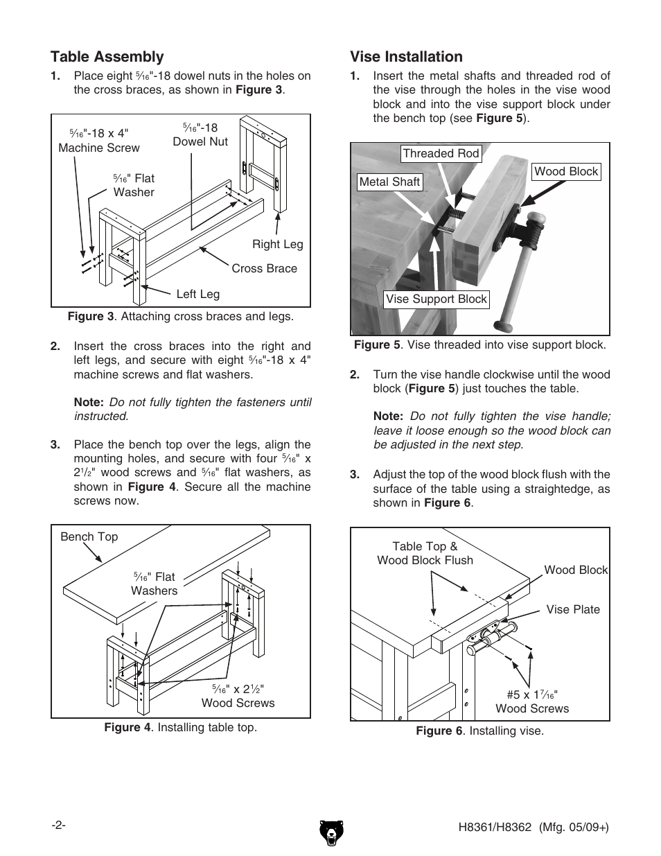 Table assembly, Vise installation | Grizzly Super Heavy-Duty Workbench H8361 User Manual | Page 2 / 4