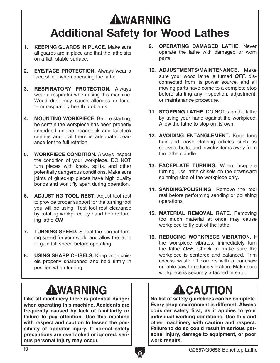 Additional safety for wood lathes | Grizzly G0657/G0658 User Manual | Page 12 / 48
