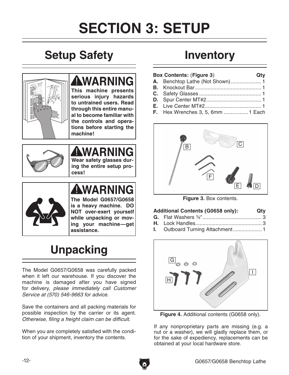 Setup safety, Unpacking inventory | Grizzly G0657/G0658 User Manual | Page 14 / 48