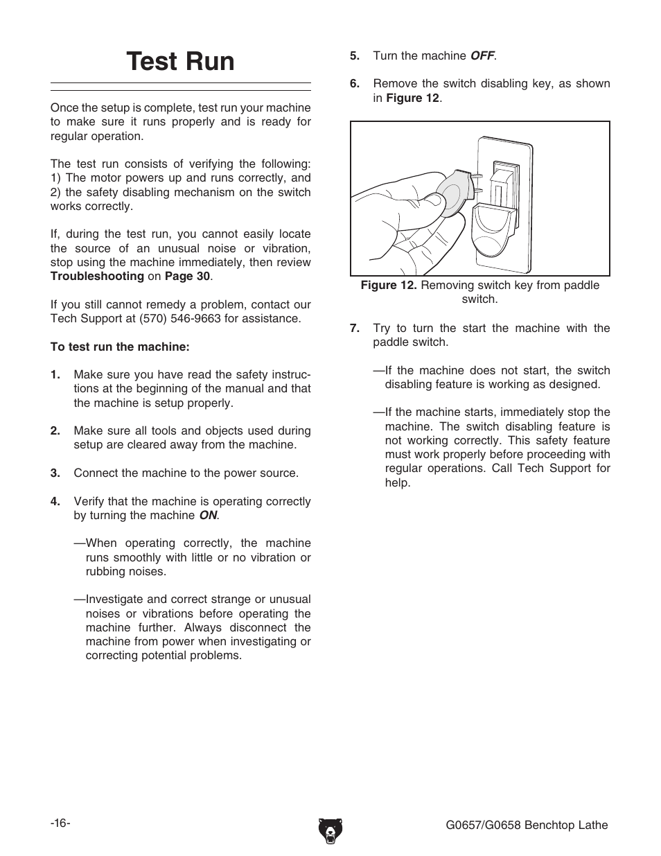 Test run | Grizzly G0657/G0658 User Manual | Page 18 / 48