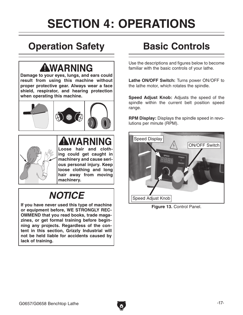 Operation safety, Notice, Basic controls | Grizzly G0657/G0658 User Manual | Page 19 / 48