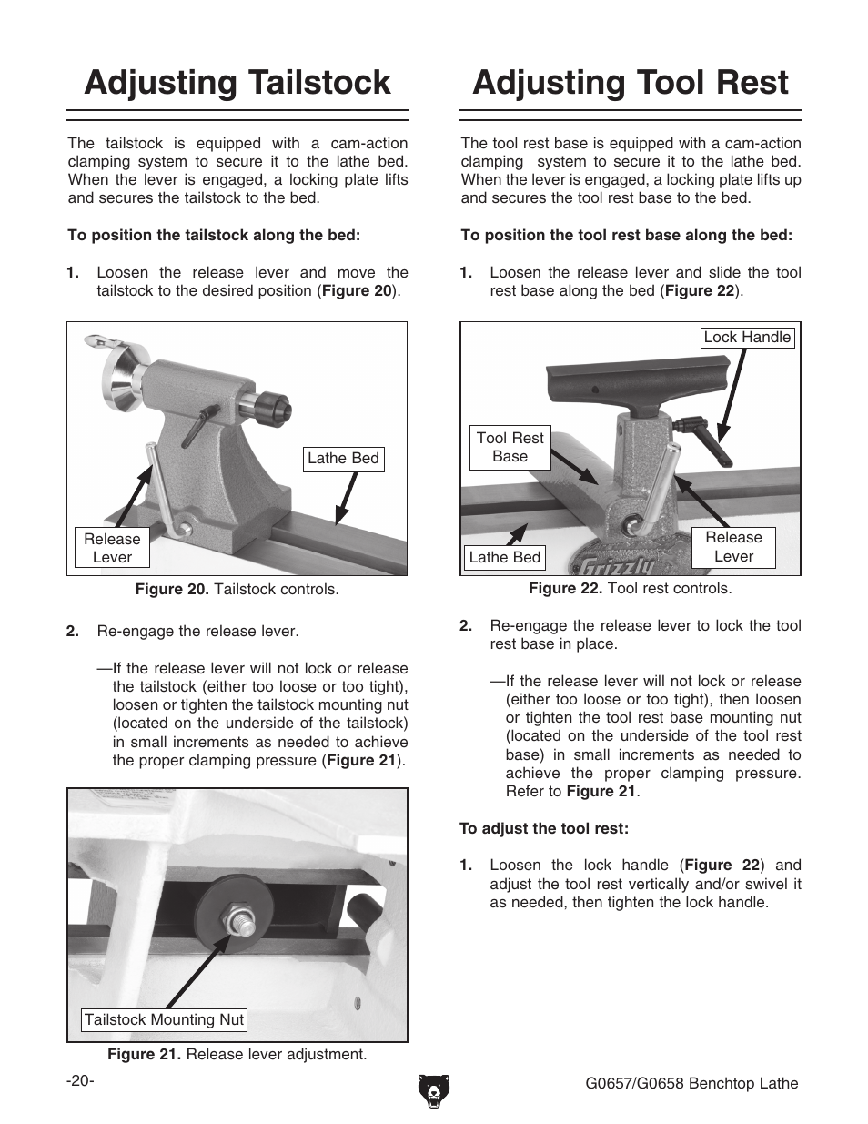 Adjusting tailstock, Adjusting tool rest | Grizzly G0657/G0658 User Manual | Page 22 / 48