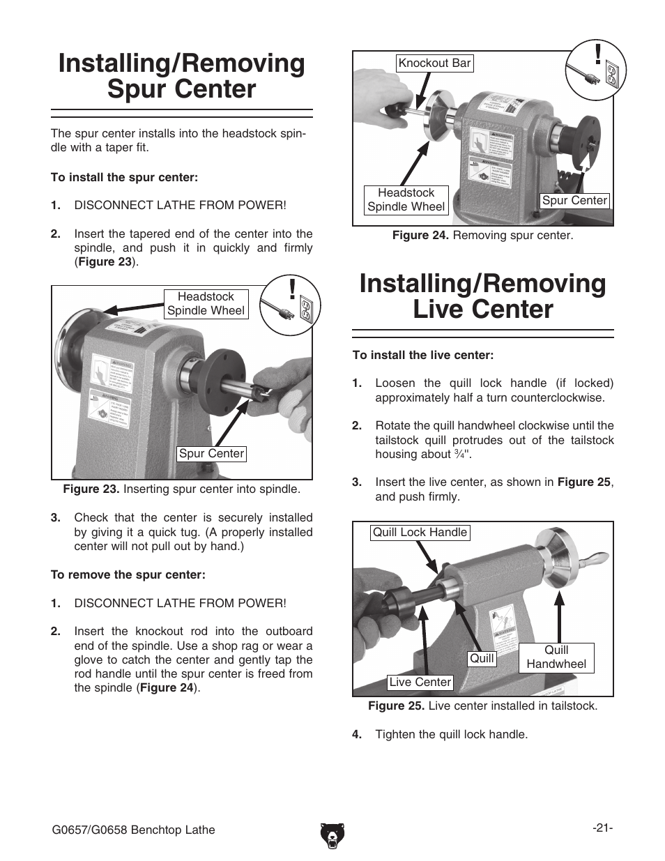 Installing/removing spur center, Installing/removing live center | Grizzly G0657/G0658 User Manual | Page 23 / 48