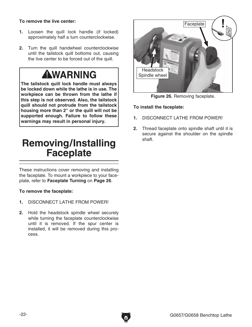 Removing/installing faceplate | Grizzly G0657/G0658 User Manual | Page 24 / 48