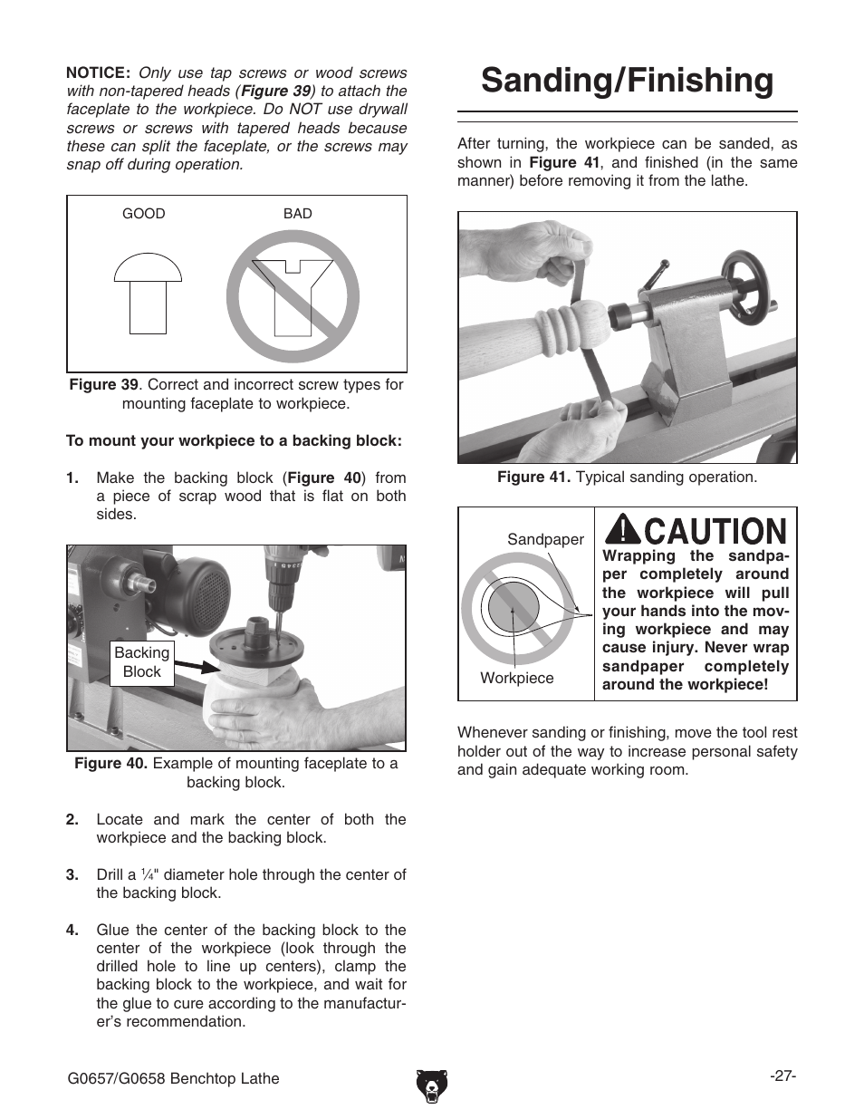 Sanding/finishing | Grizzly G0657/G0658 User Manual | Page 29 / 48