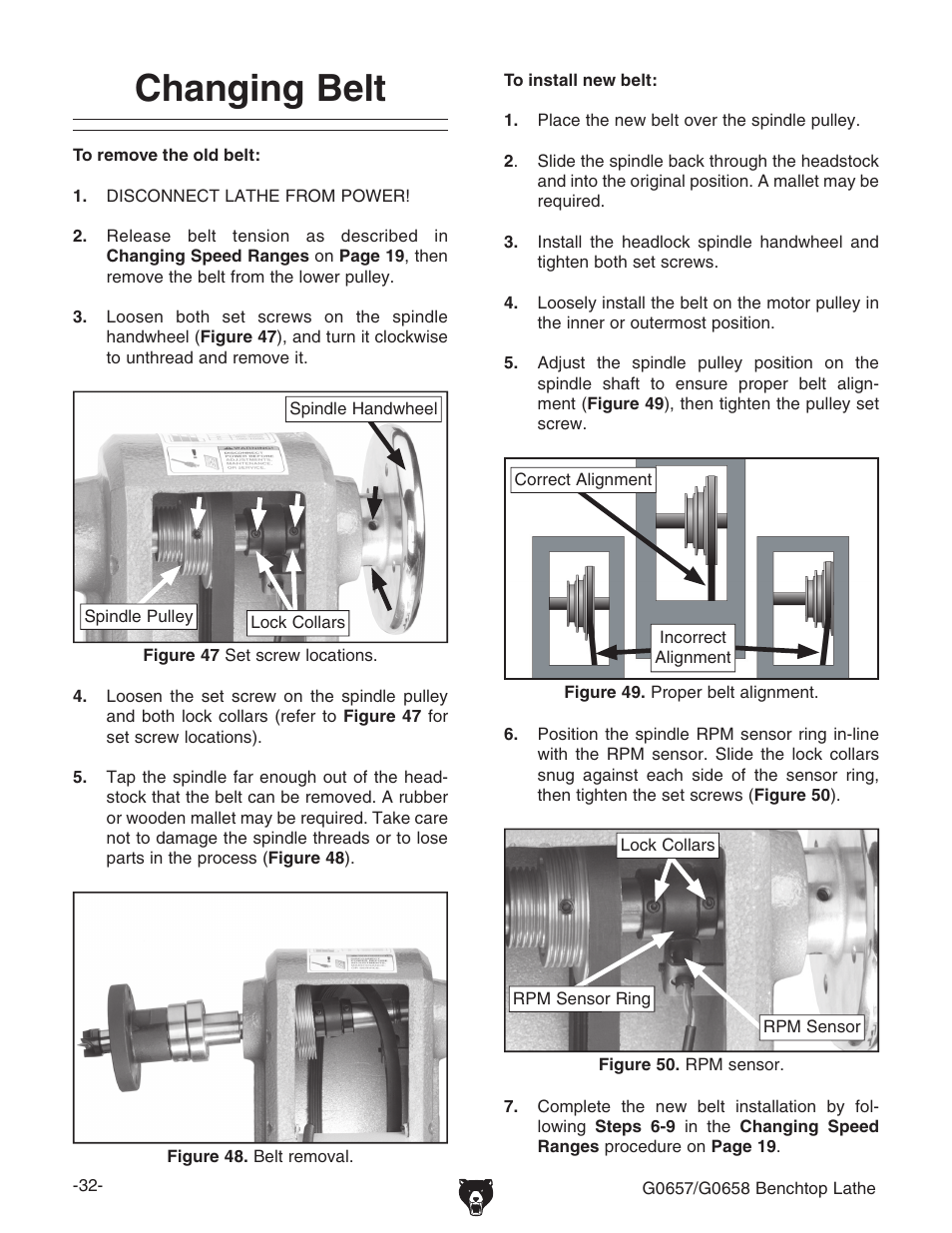 Changing belt | Grizzly G0657/G0658 User Manual | Page 34 / 48