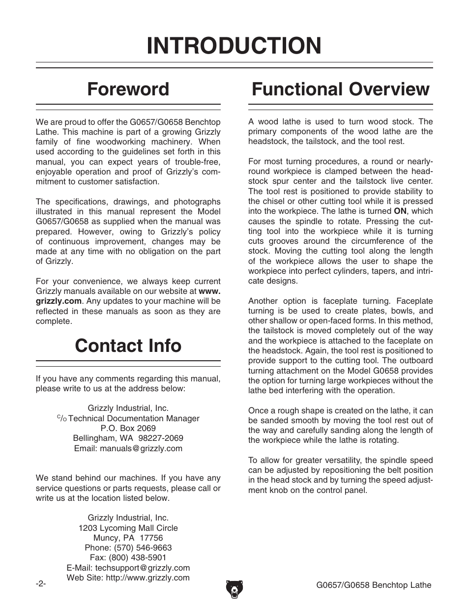 Introduction, Foreword, Contact info | Functional overview | Grizzly G0657/G0658 User Manual | Page 4 / 48