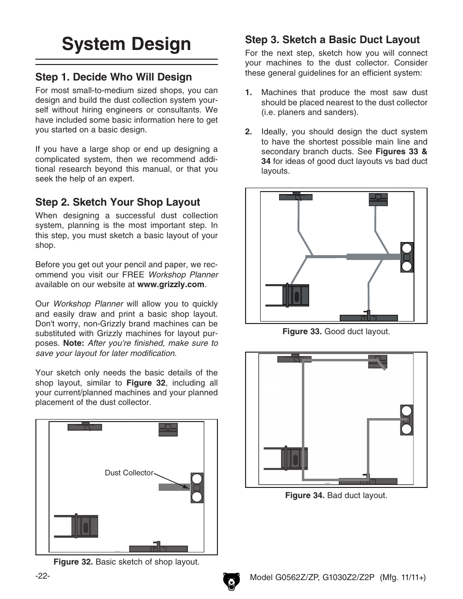 System design, Step 1. decide who will design, Step 2. sketch your shop layout | Step 3. sketch a basic duct layout | Grizzly G1030Z2 User Manual | Page 24 / 48