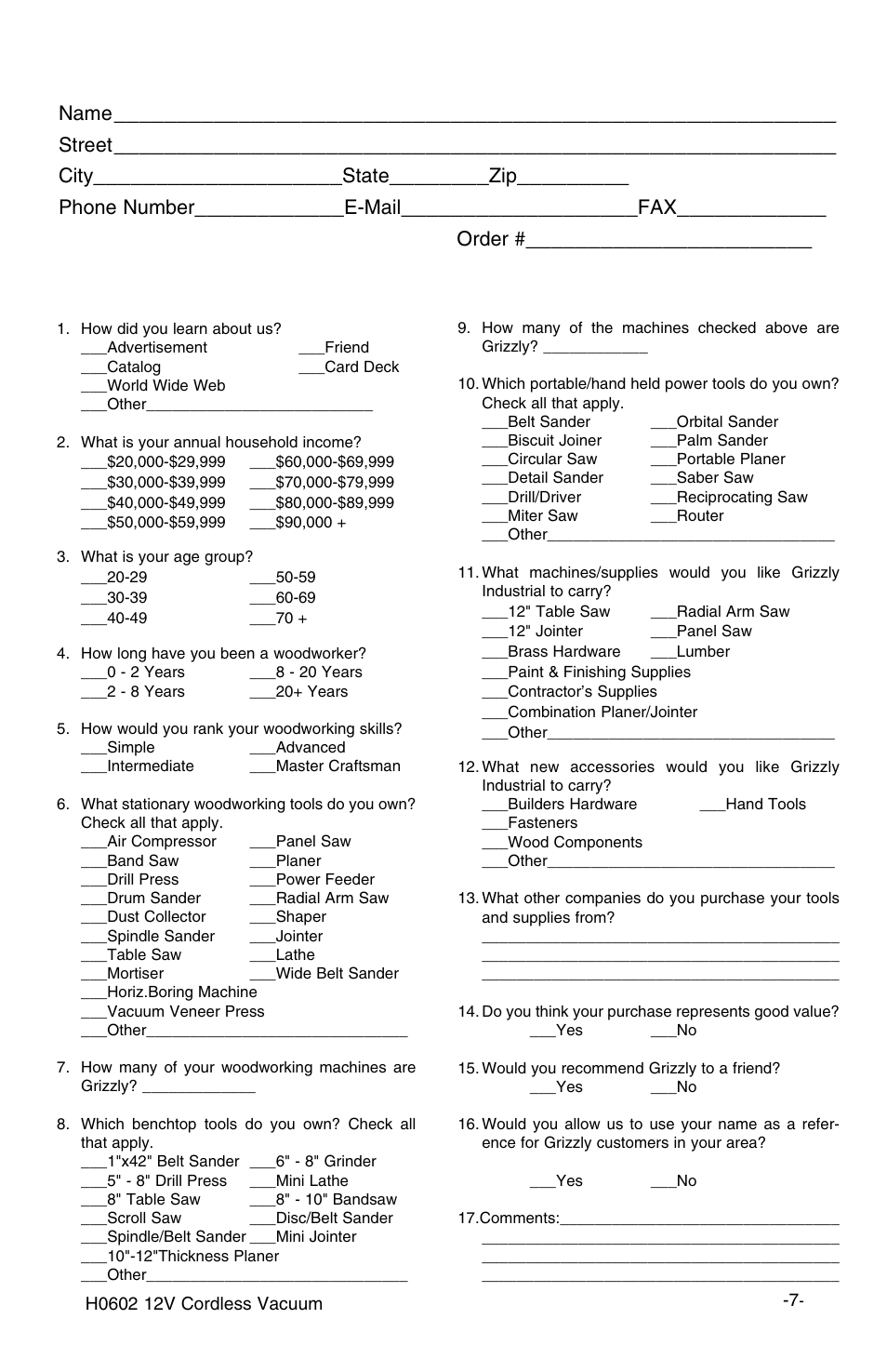 Warranty card, Name, Street | City, State, Phone number, E-mail, Model, Order | Grizzly H0602 User Manual | Page 8 / 9