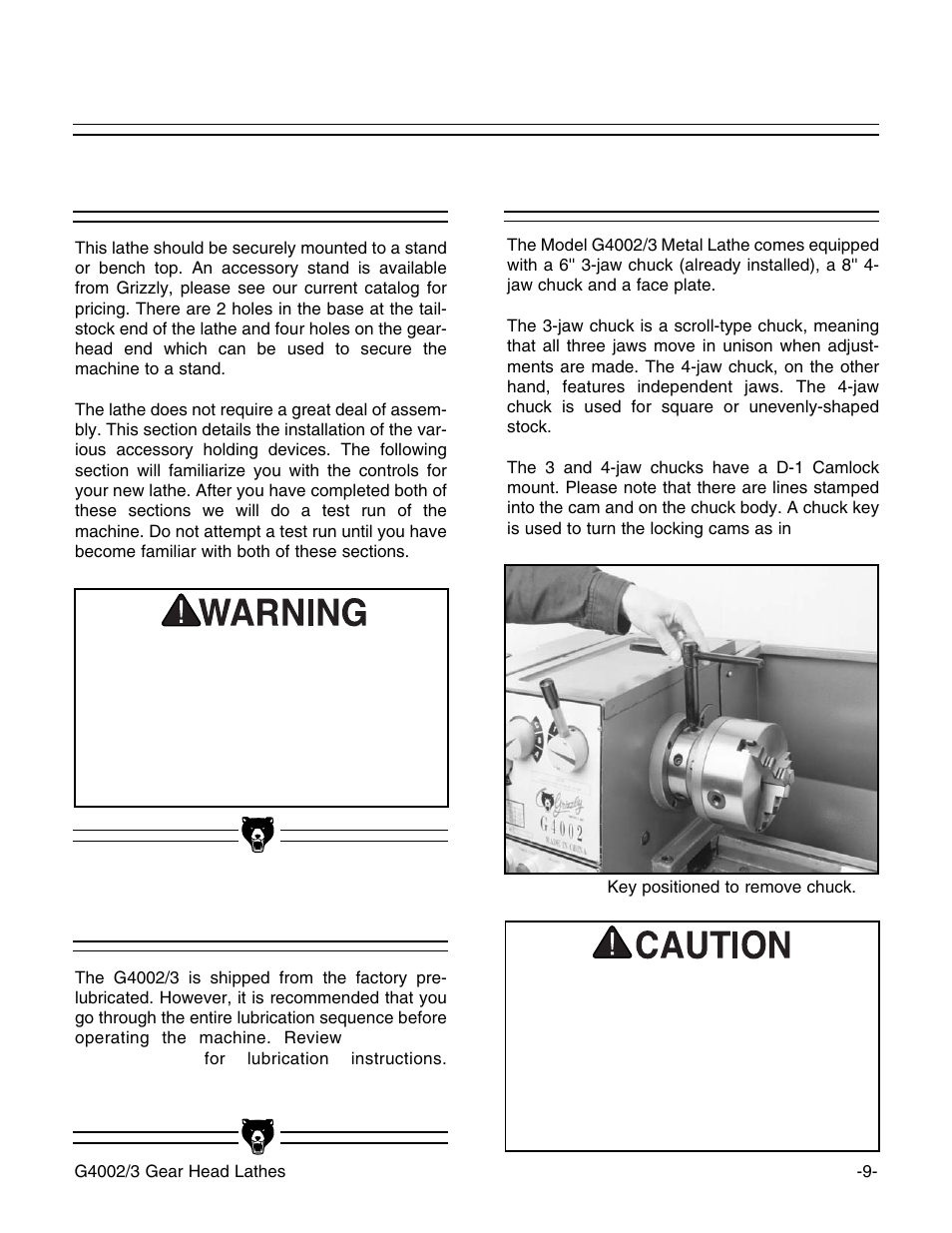 Chucks, Mounting, Lubrication | Grizzly G4002 User Manual | Page 11 / 54