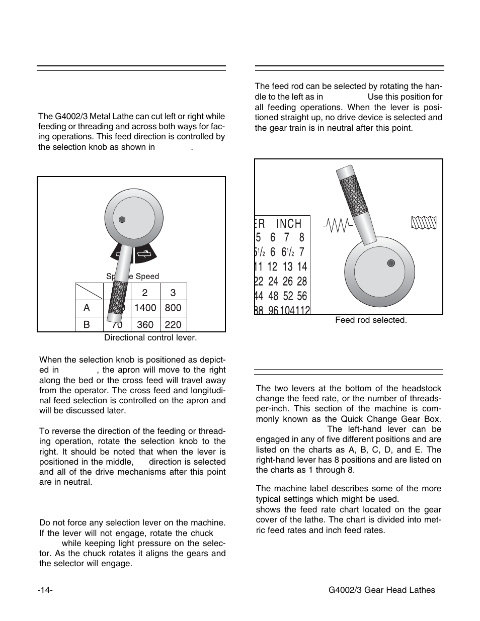 Quick change selection, Feed direction selecting the feed rod | Grizzly G4002 User Manual | Page 16 / 54