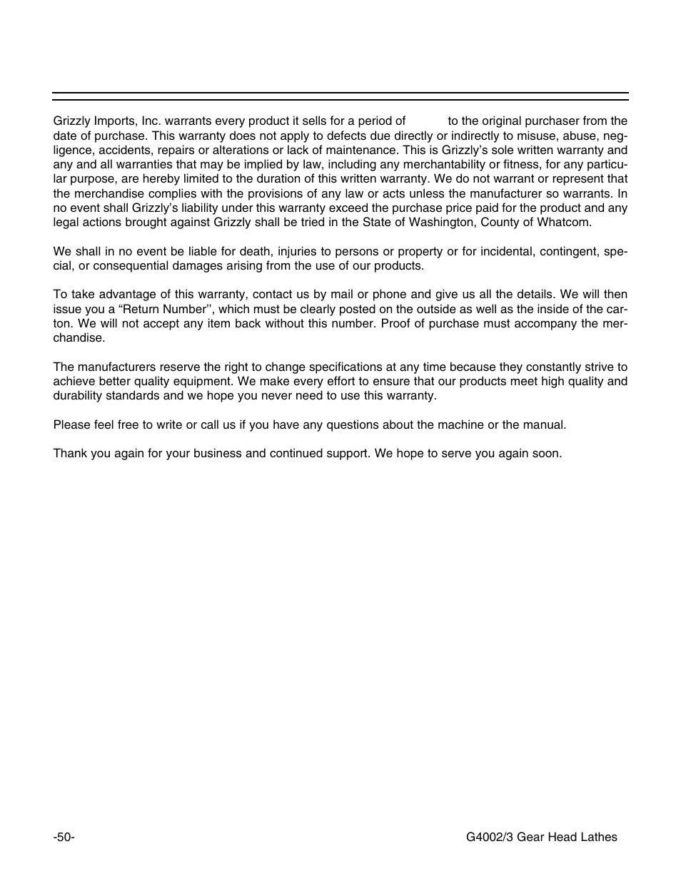 Warranty and returns | Grizzly G4002 User Manual | Page 52 / 54