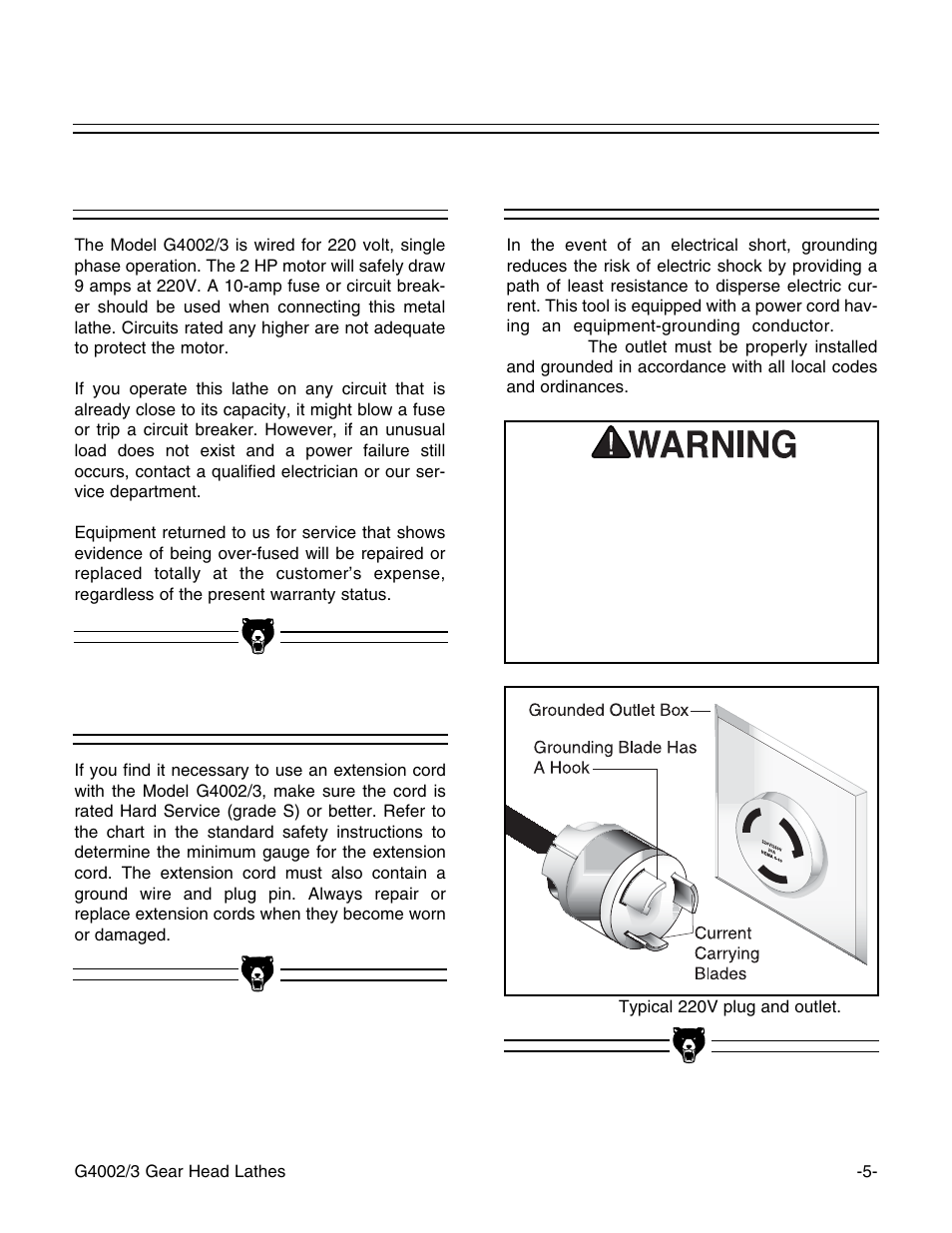 220v operation, Grounding, Extension cords | Grizzly G4002 User Manual | Page 7 / 54