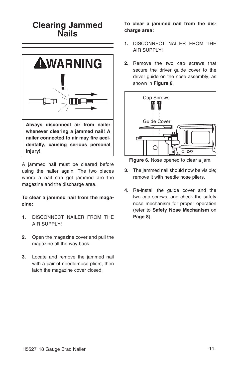 Clearing jammed nails | Grizzly H5527 User Manual | Page 13 / 20