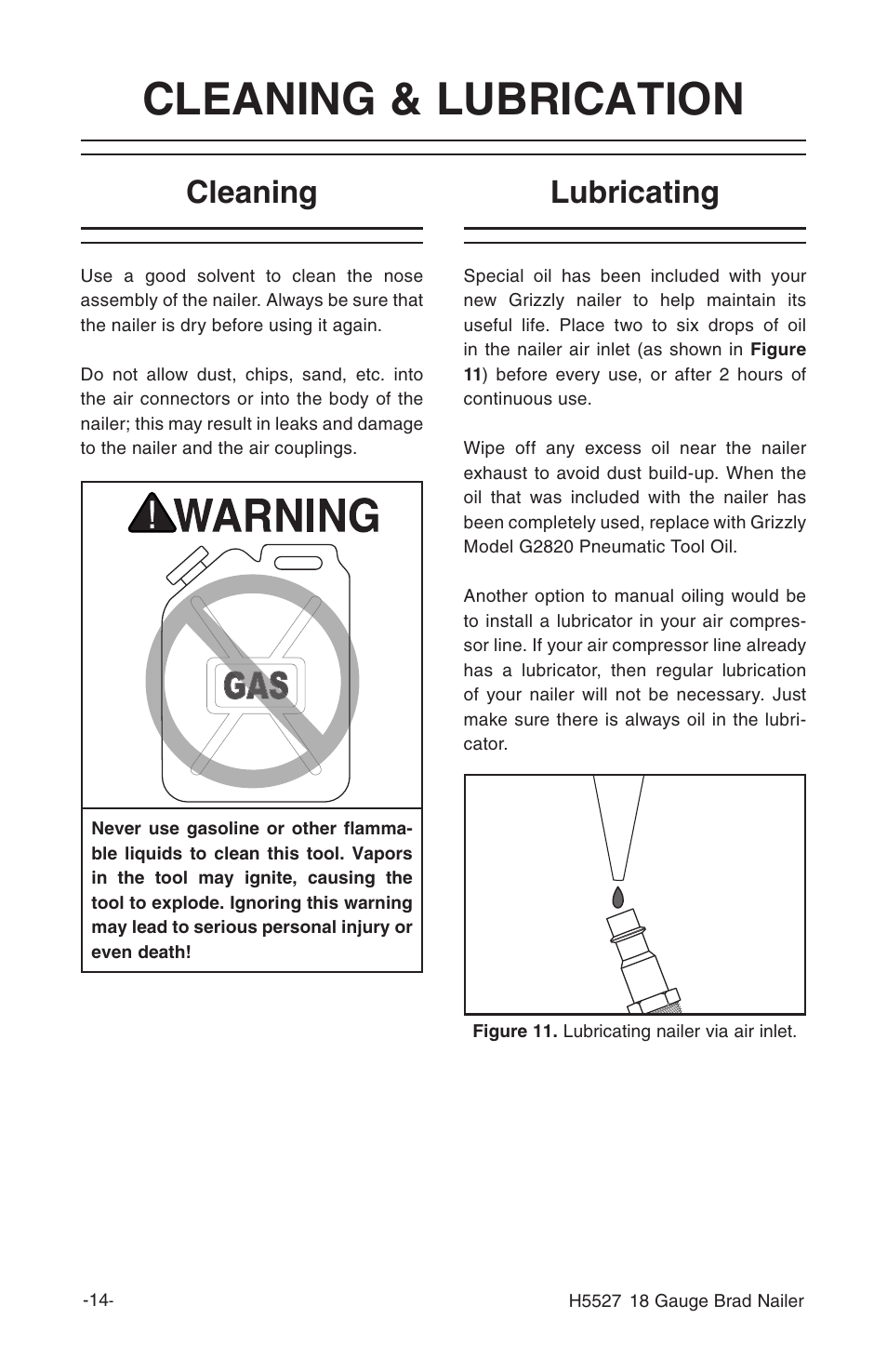 Cleaning & lubrication, Cleaning, Lubricating | Grizzly H5527 User Manual | Page 16 / 20