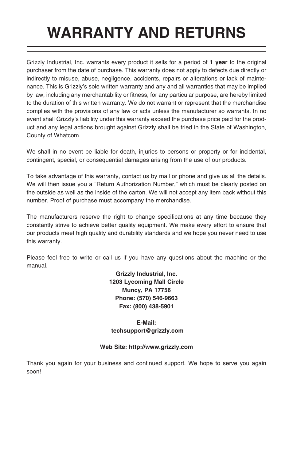 Warranty and returns | Grizzly H5527 User Manual | Page 20 / 20