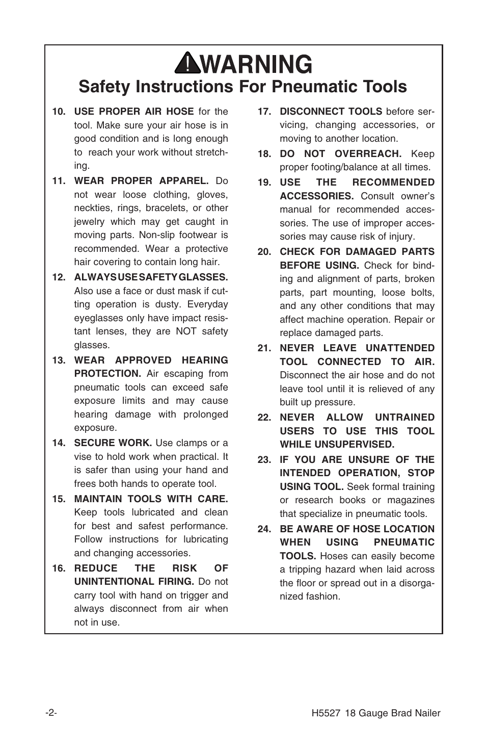 Safety instructions for pneumatic tools | Grizzly H5527 User Manual | Page 4 / 20