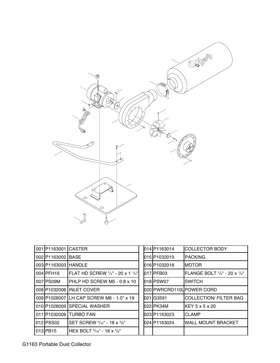 Parts diagram and parts list | Grizzly G1163 User Manual | Page 19 / 22