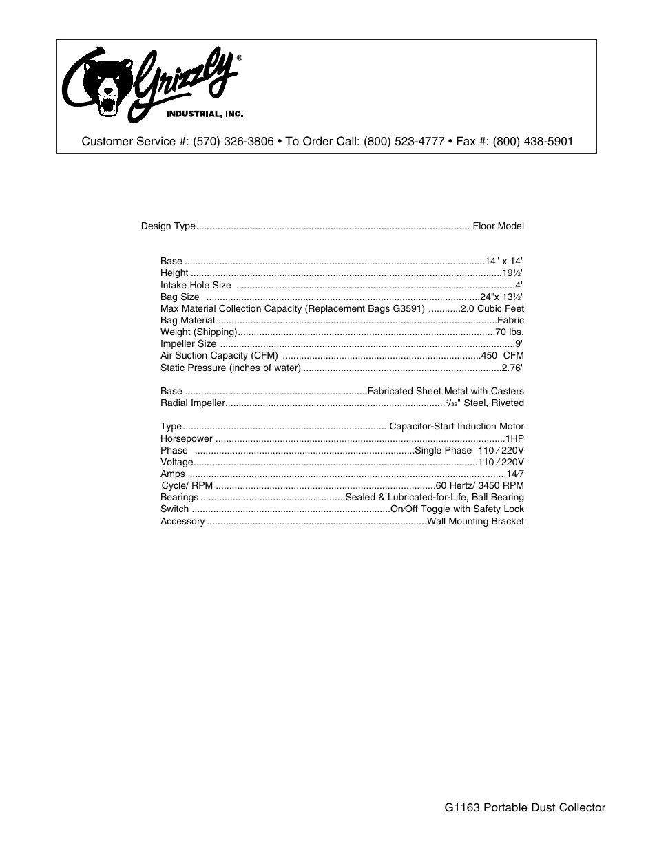 Machine data sheet, Grizzly model g1163 portable dust collector | Grizzly G1163 User Manual | Page 20 / 22