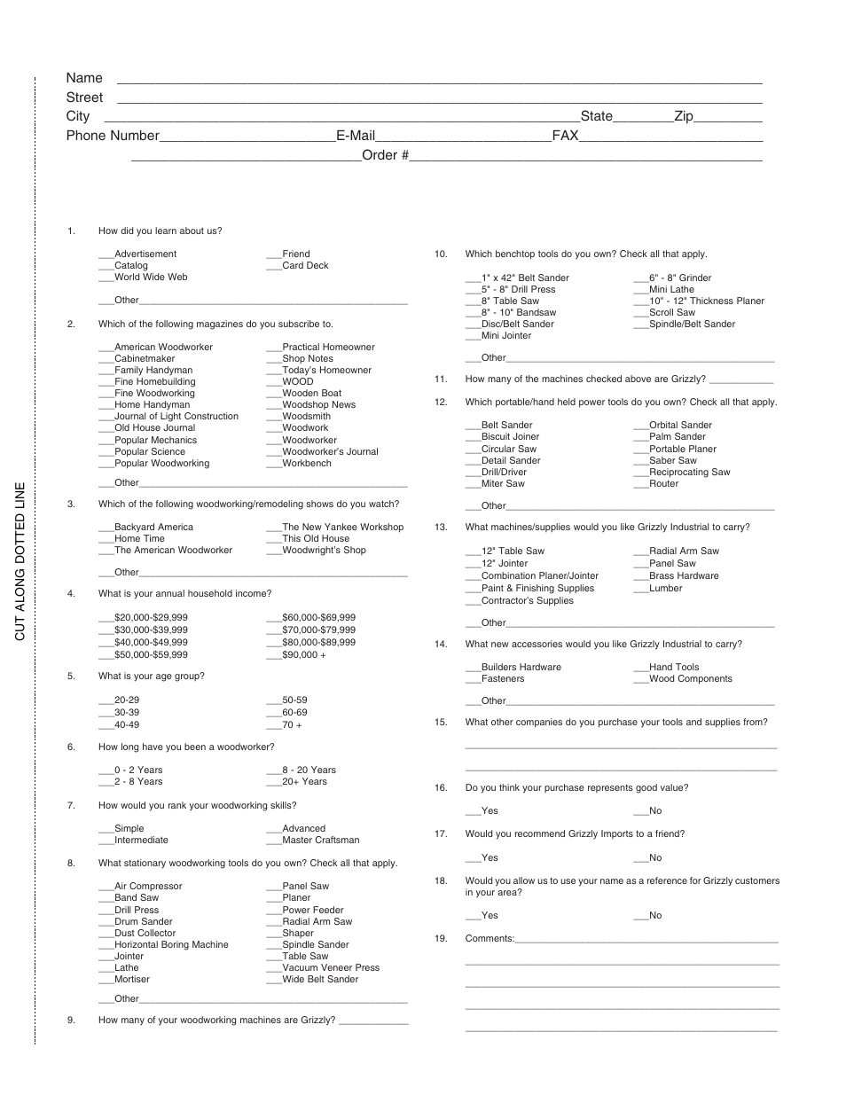 Warranty card, Cut along dotted line | Grizzly G1163 User Manual | Page 21 / 22