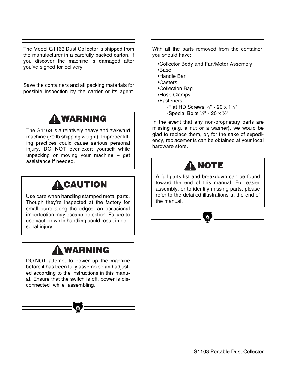 Unpacking piece inventory | Grizzly G1163 User Manual | Page 8 / 22