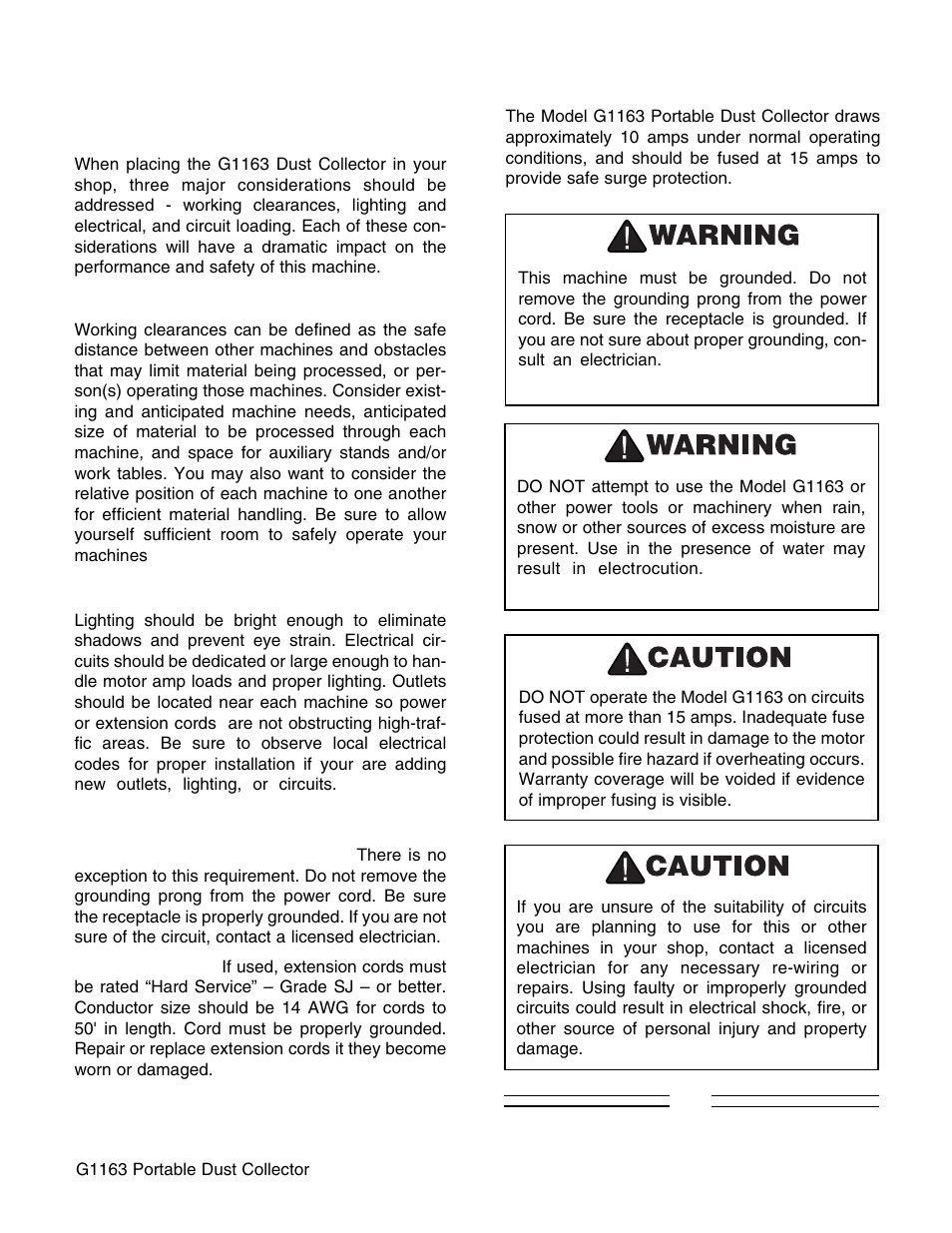 Working clearances, Lighting and electrical, Circuit loading | Grizzly G1163 User Manual | Page 9 / 22