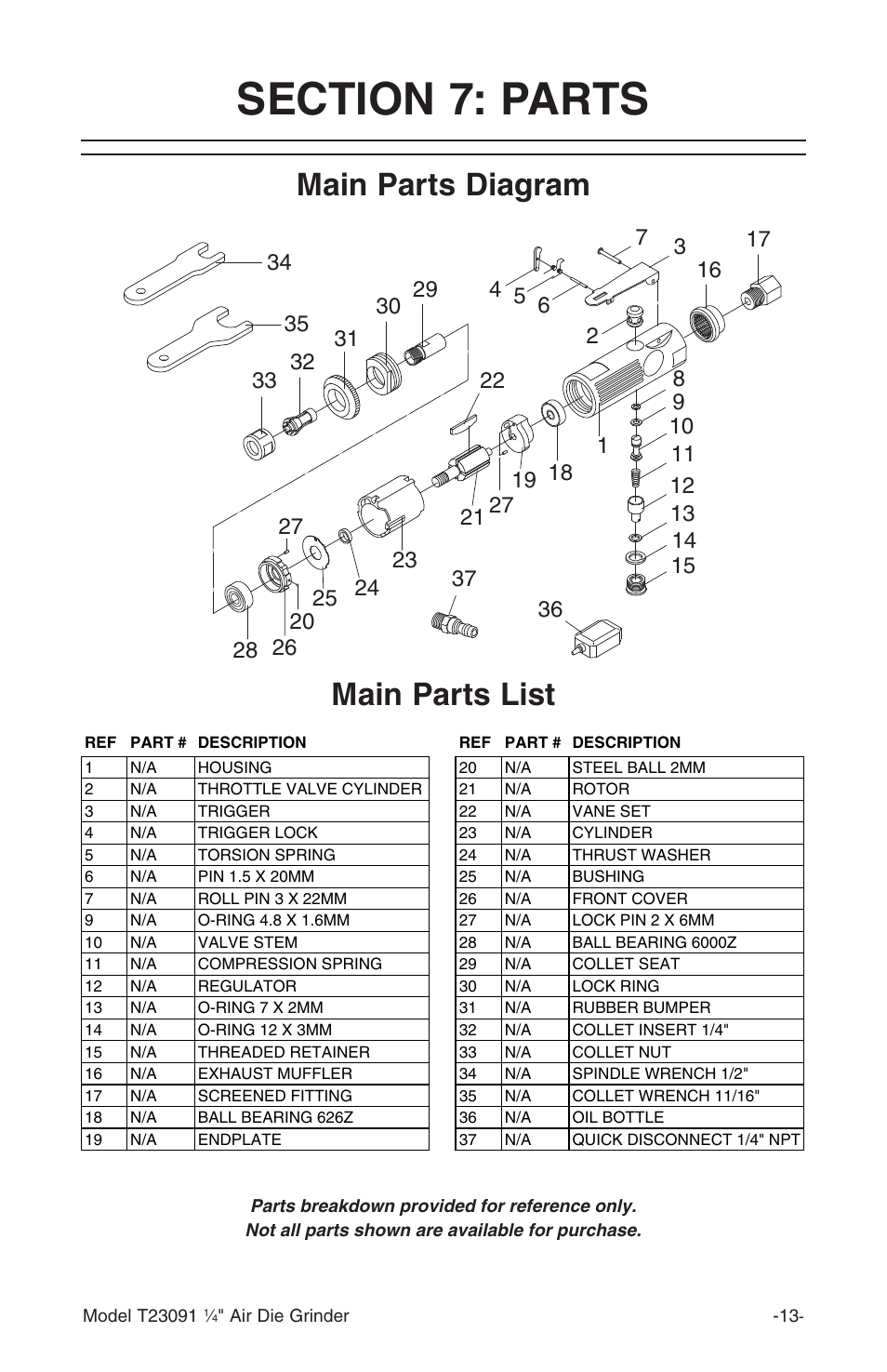 Main parts diagram main parts list | Grizzly T23091 User Manual | Page 15 / 16