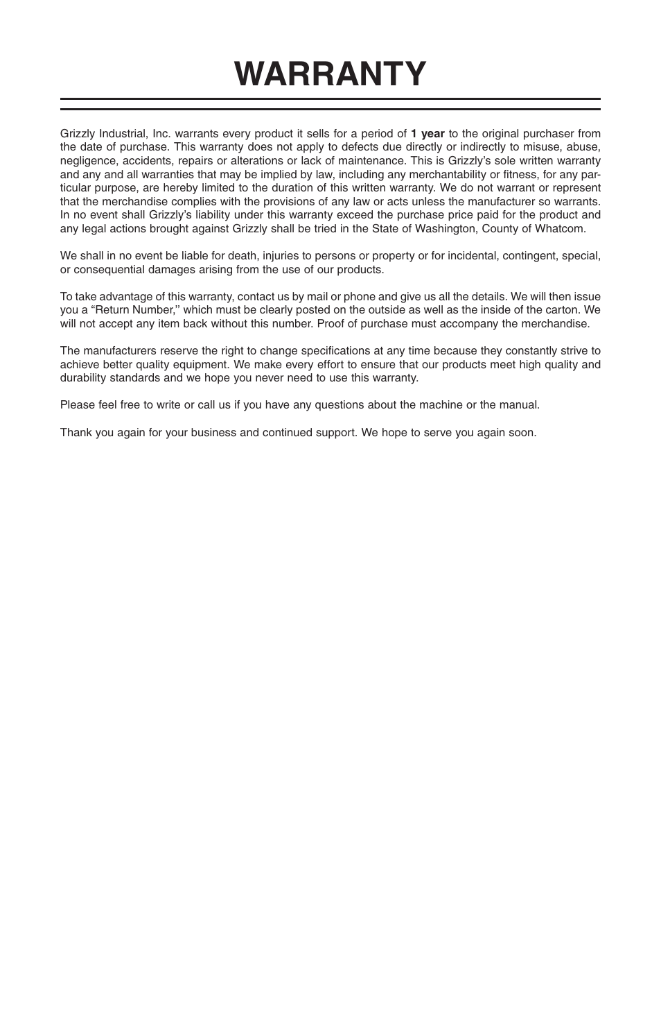 Warranty | Grizzly T23091 User Manual | Page 16 / 16