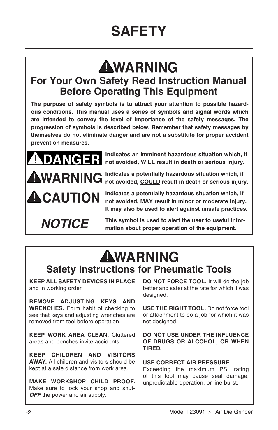 Safety, Notice, Safety instructions for pneumatic tools | Grizzly T23091 User Manual | Page 4 / 16