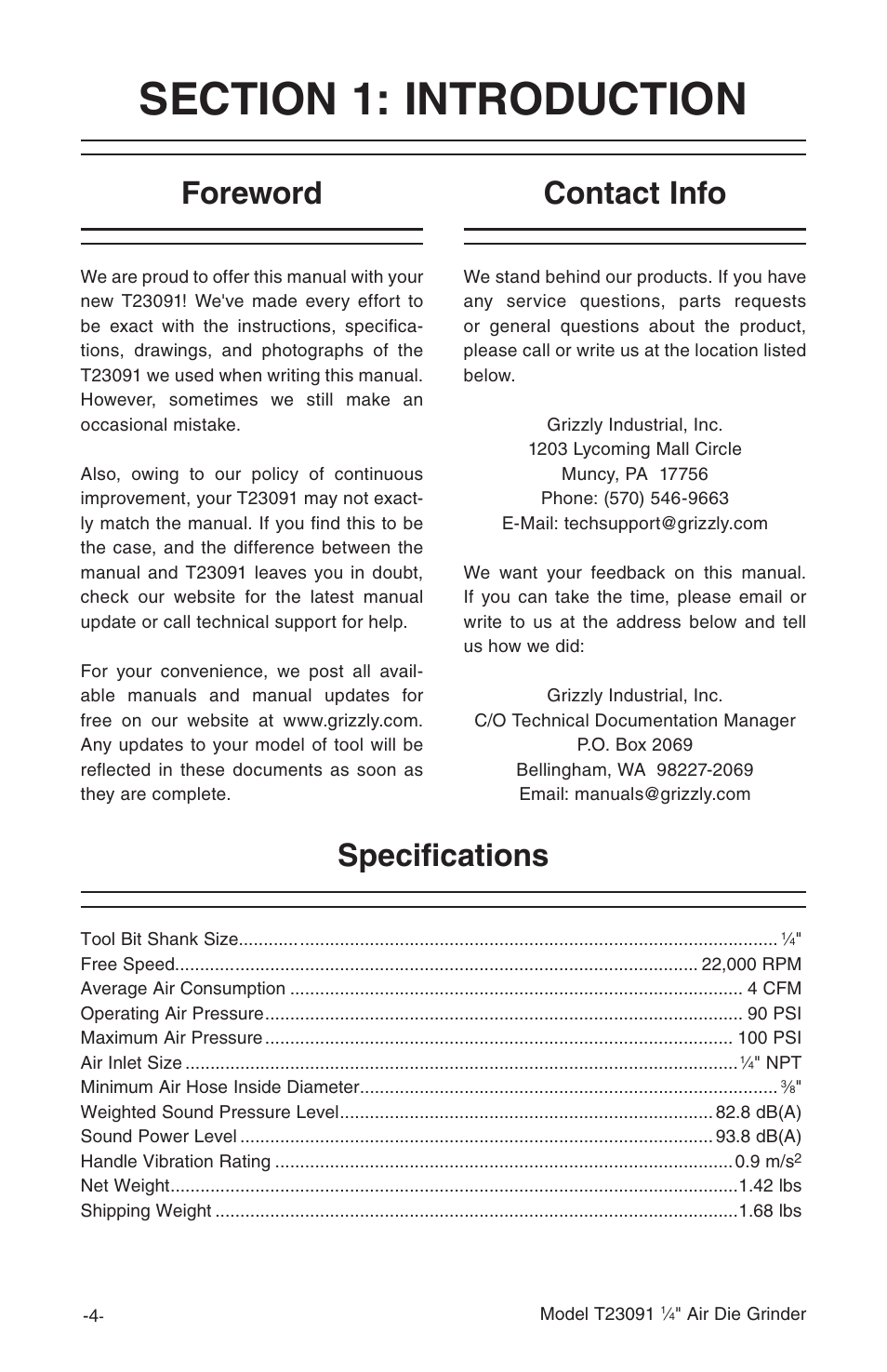 Foreword, Specifications contact info | Grizzly T23091 User Manual | Page 6 / 16