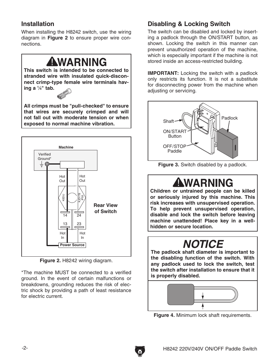 Notice, Disabling & locking switch, Installation | Grizzly H8242 User Manual | Page 2 / 2