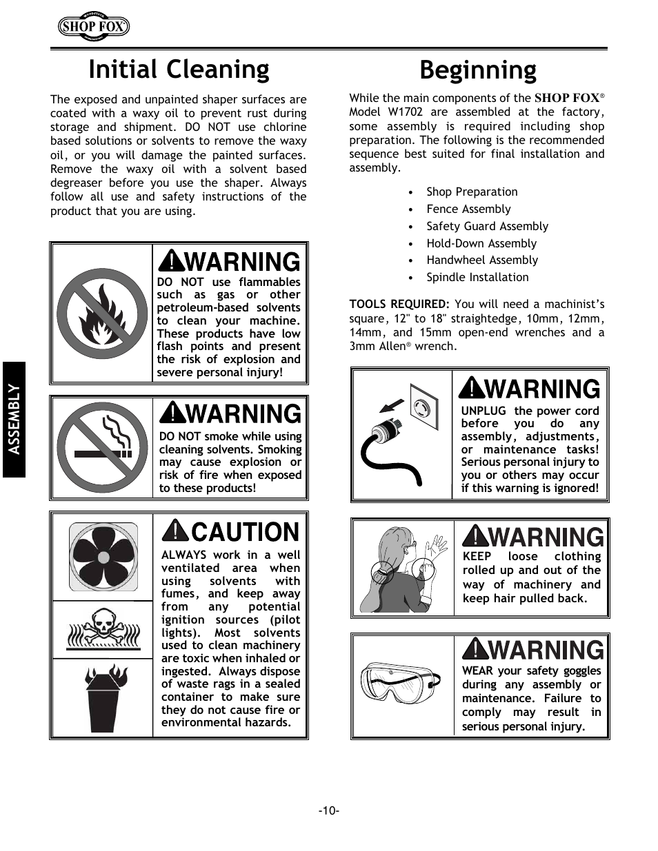 Beginning, Initial cleaning | Grizzly w1702 User Manual | Page 12 / 56