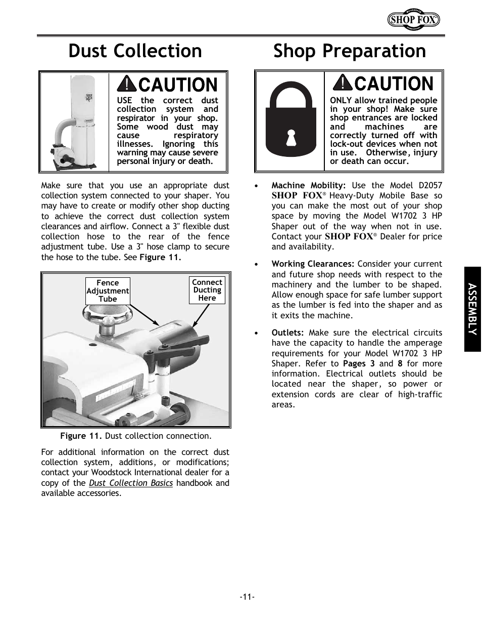 Shop preparation, Dust collection, Assembly | Grizzly w1702 User Manual | Page 13 / 56