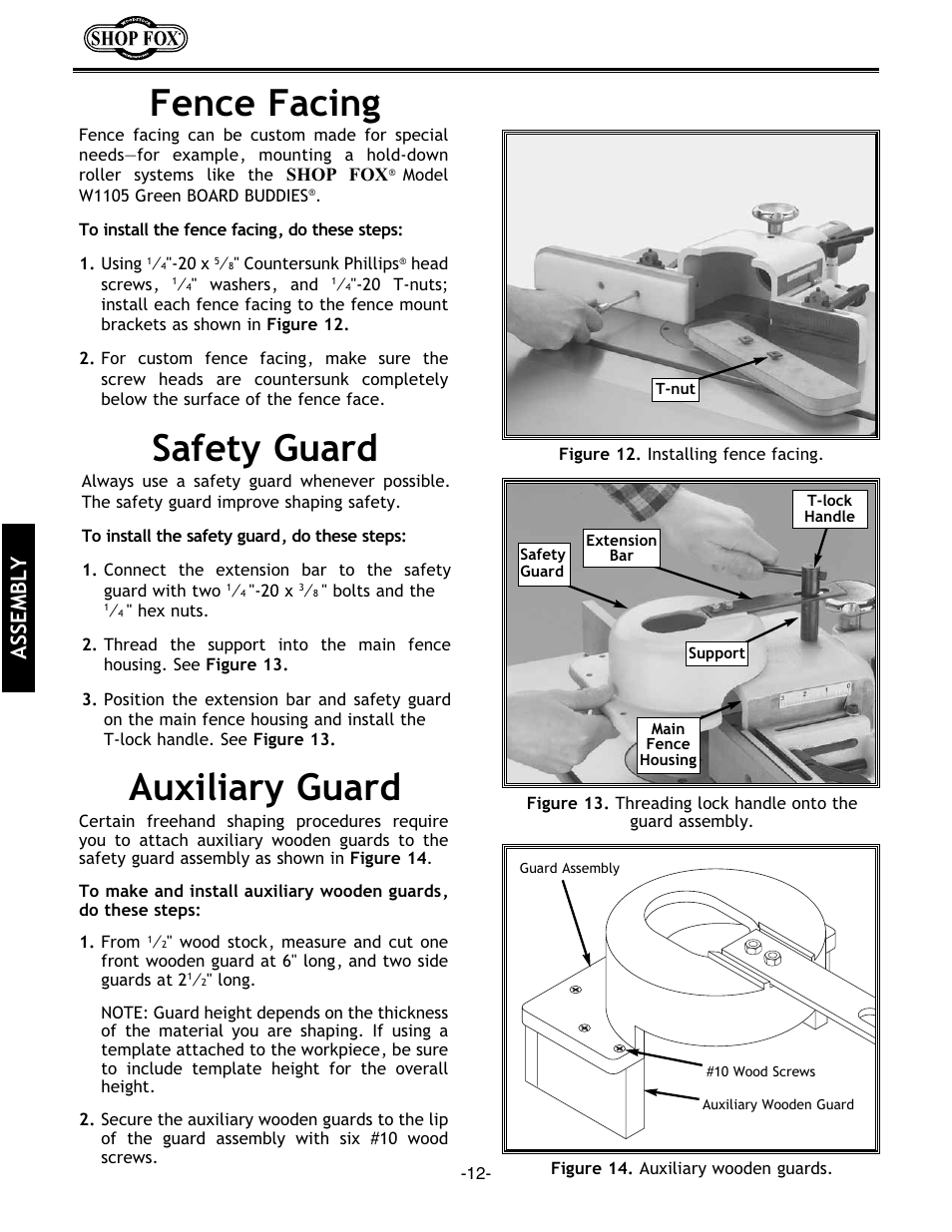 Fence facing, Safety guard, Auxiliary guard | Assembly | Grizzly w1702 User Manual | Page 14 / 56