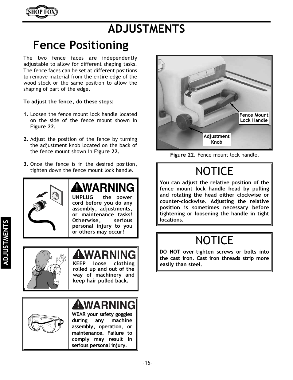 Notice, Fence positioning, Adjustments | Grizzly w1702 User Manual | Page 18 / 56
