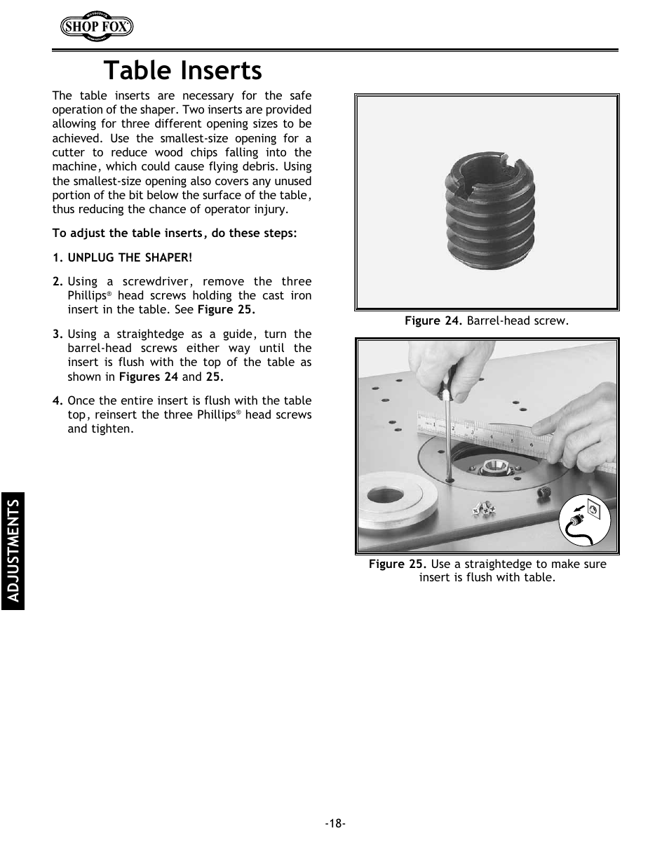 Table inserts, Adjustments | Grizzly w1702 User Manual | Page 20 / 56