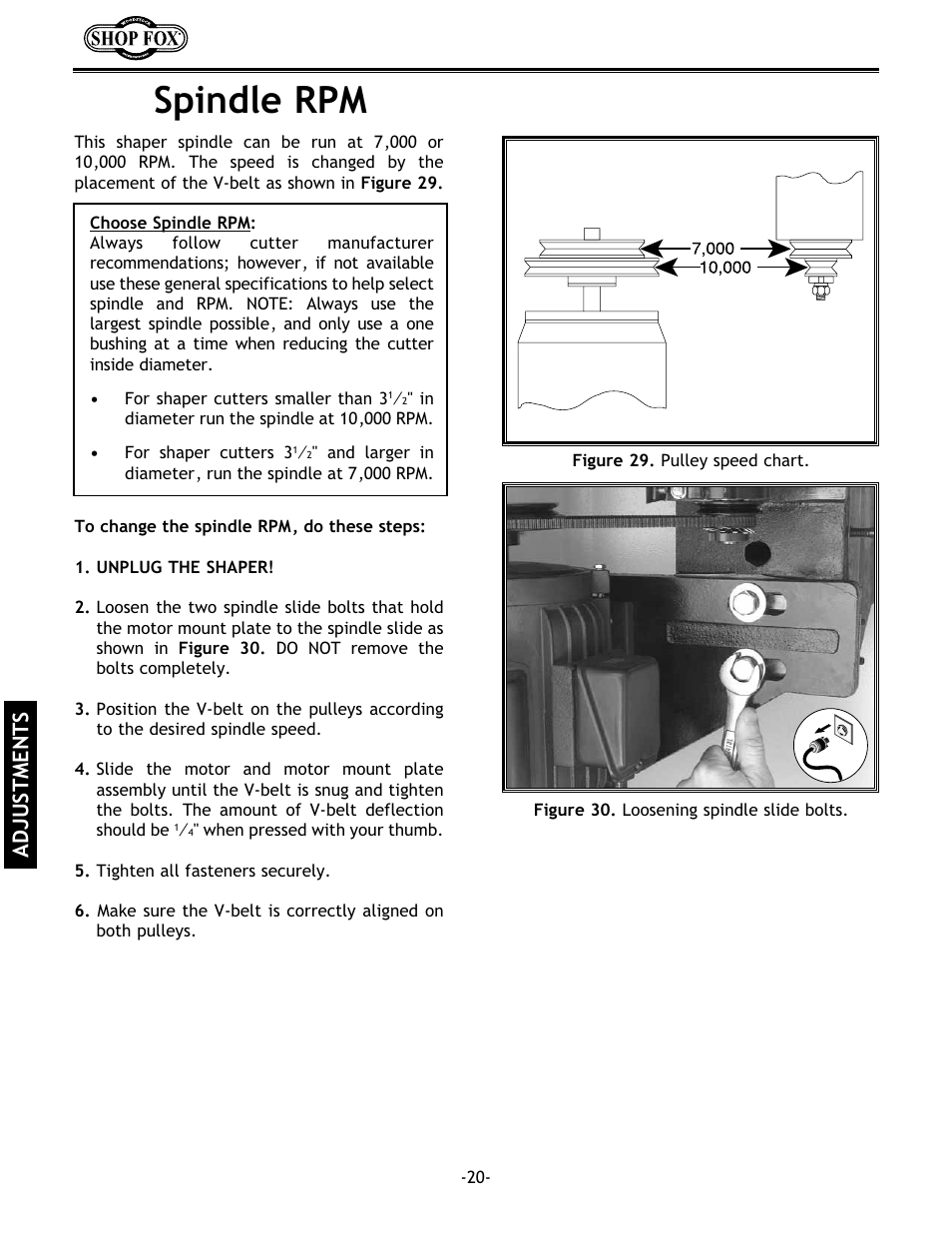 Spindle rpm, Adjustments | Grizzly w1702 User Manual | Page 22 / 56
