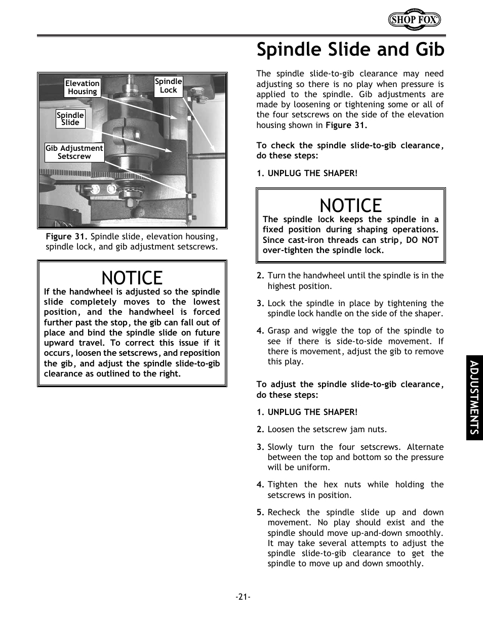 Spindle slide and gib, Notice | Grizzly w1702 User Manual | Page 23 / 56