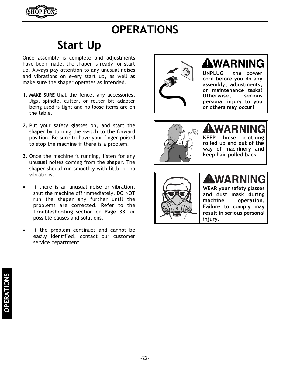 Operations start up | Grizzly w1702 User Manual | Page 24 / 56