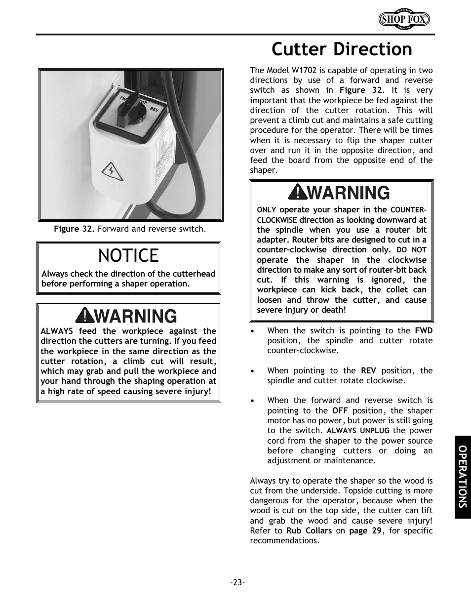 Cutter direction, Notice | Grizzly w1702 User Manual | Page 25 / 56