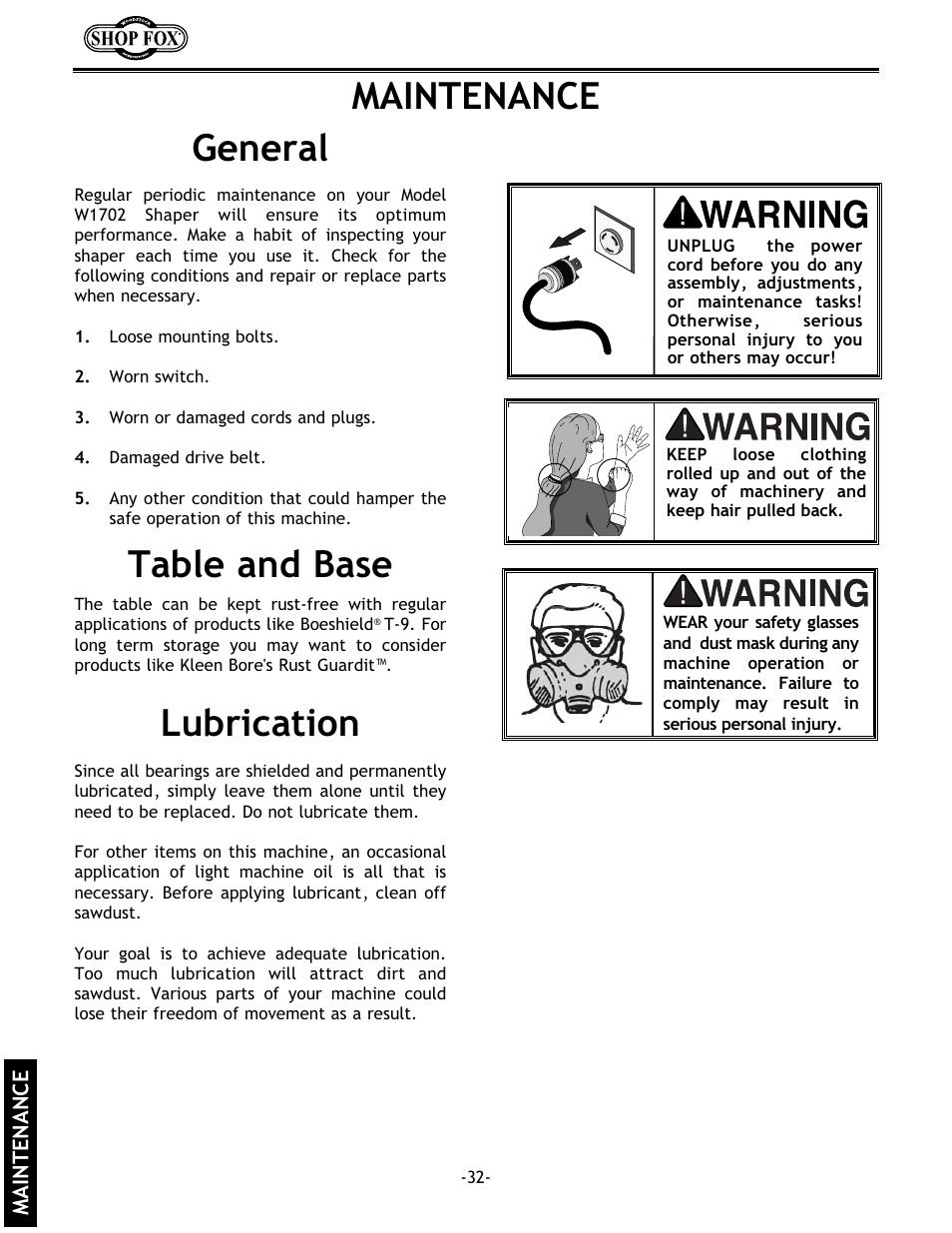 Maintenance lubrication, General table and base | Grizzly w1702 User Manual | Page 34 / 56