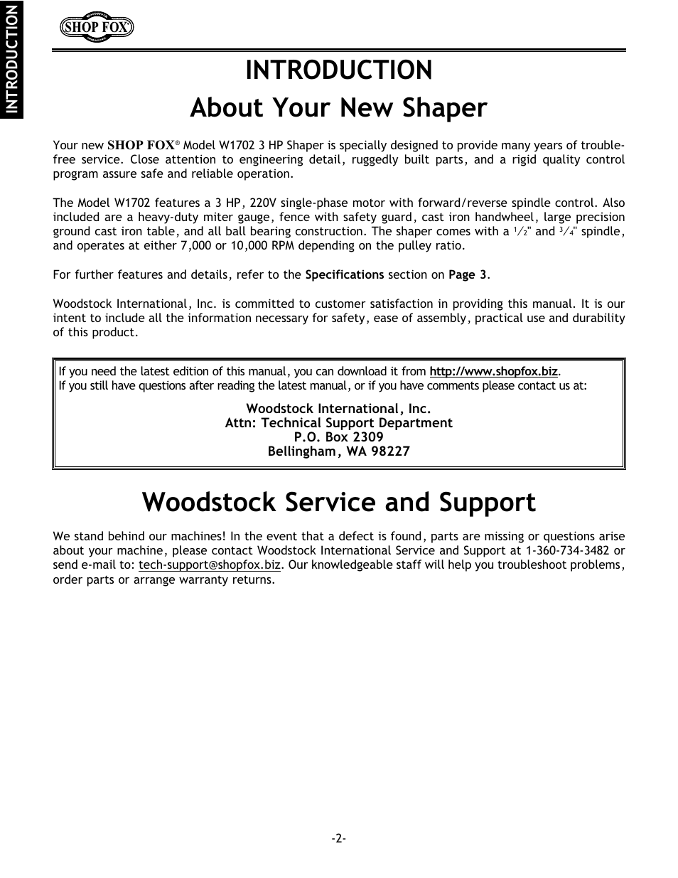 Introduction about your new shaper, Woodstock service and support | Grizzly w1702 User Manual | Page 4 / 56