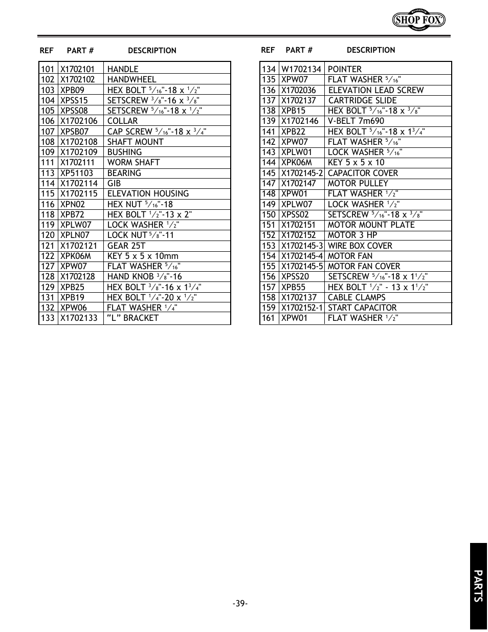 Parts | Grizzly w1702 User Manual | Page 41 / 56