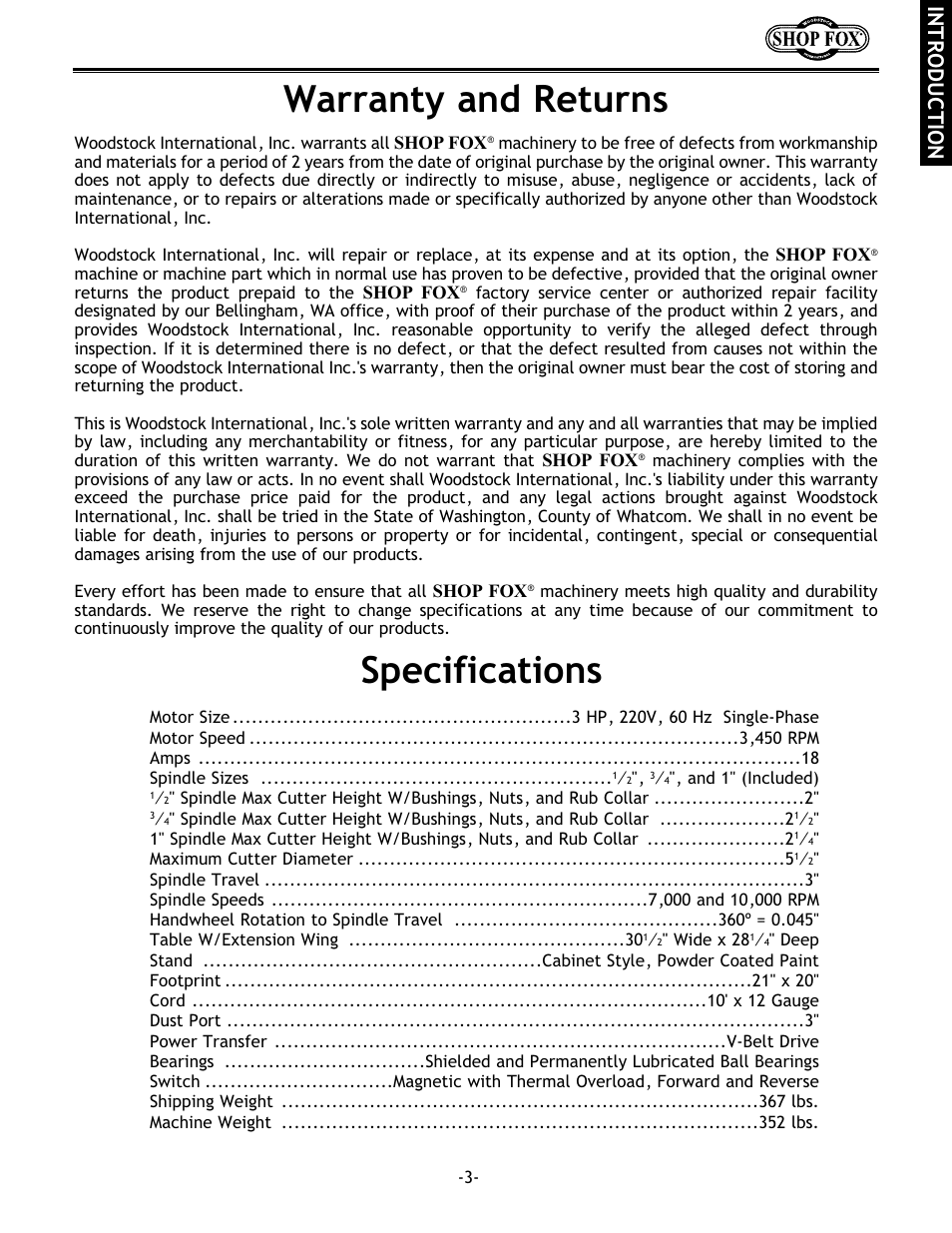 Warranty and returns, Specifications, Introduction | Grizzly w1702 User Manual | Page 5 / 56