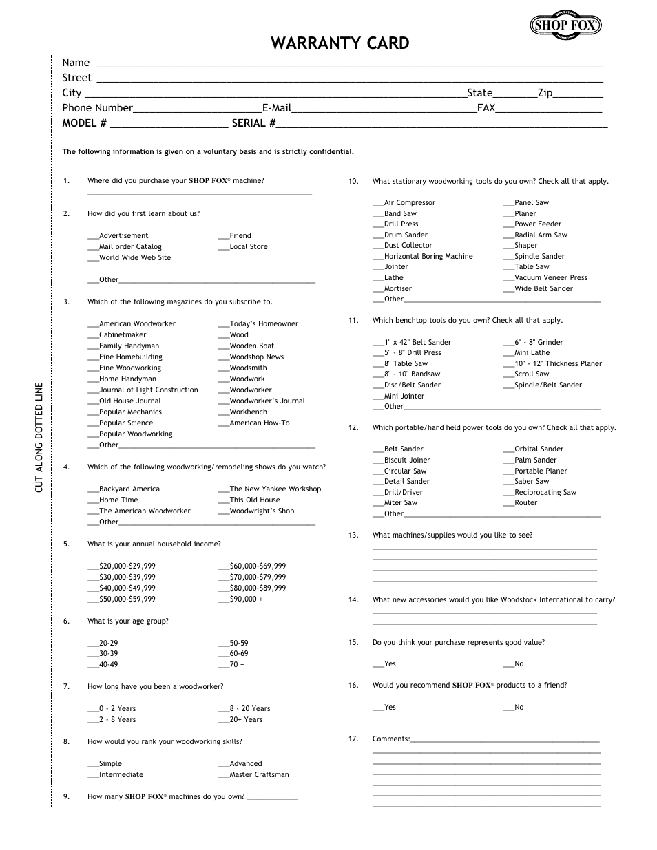 Warranty card, Cut along dotted line | Grizzly w1702 User Manual | Page 53 / 56