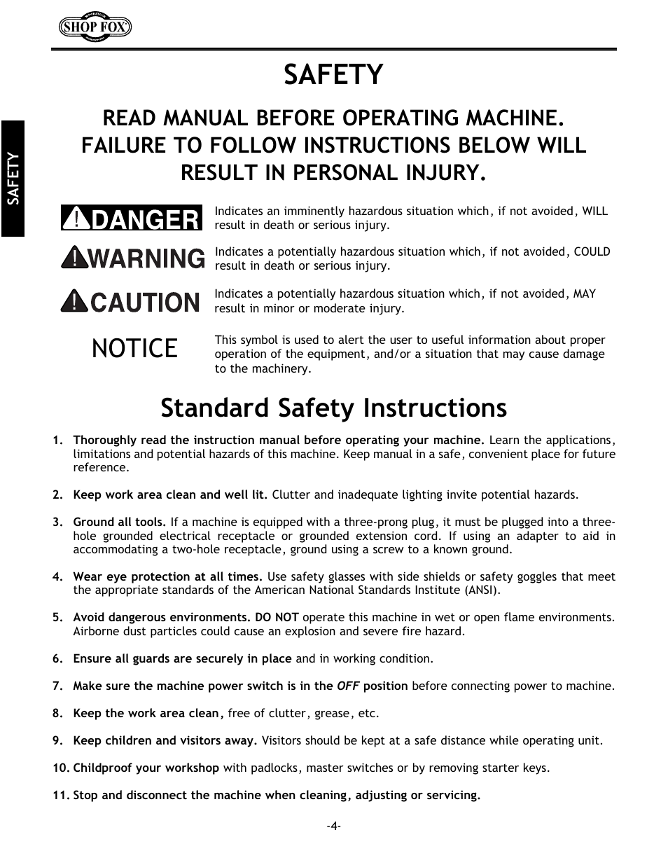 Safety, Standard safety instructions, Notice | Grizzly w1702 User Manual | Page 6 / 56