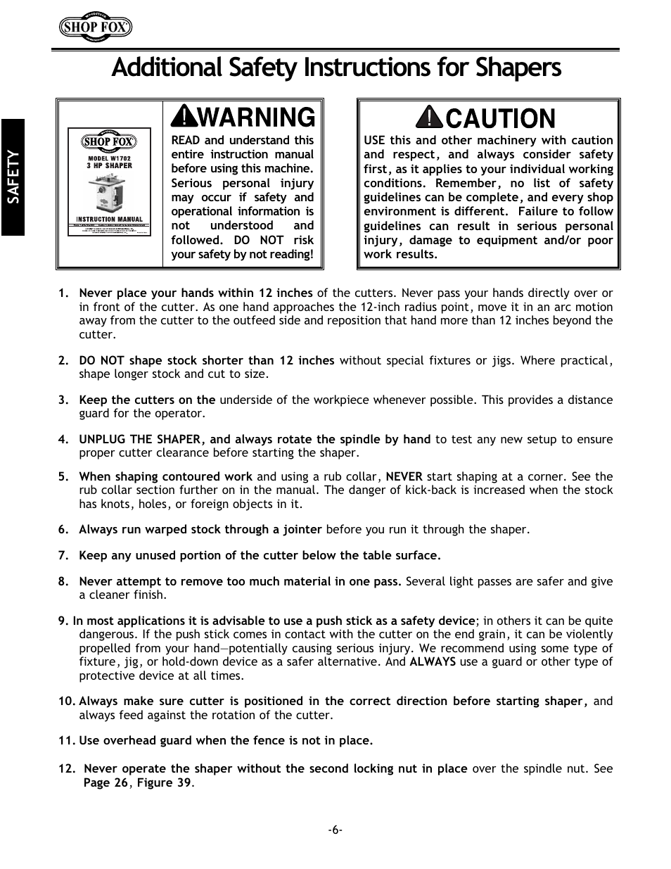 Additional safety instructions for shapers | Grizzly w1702 User Manual | Page 8 / 56