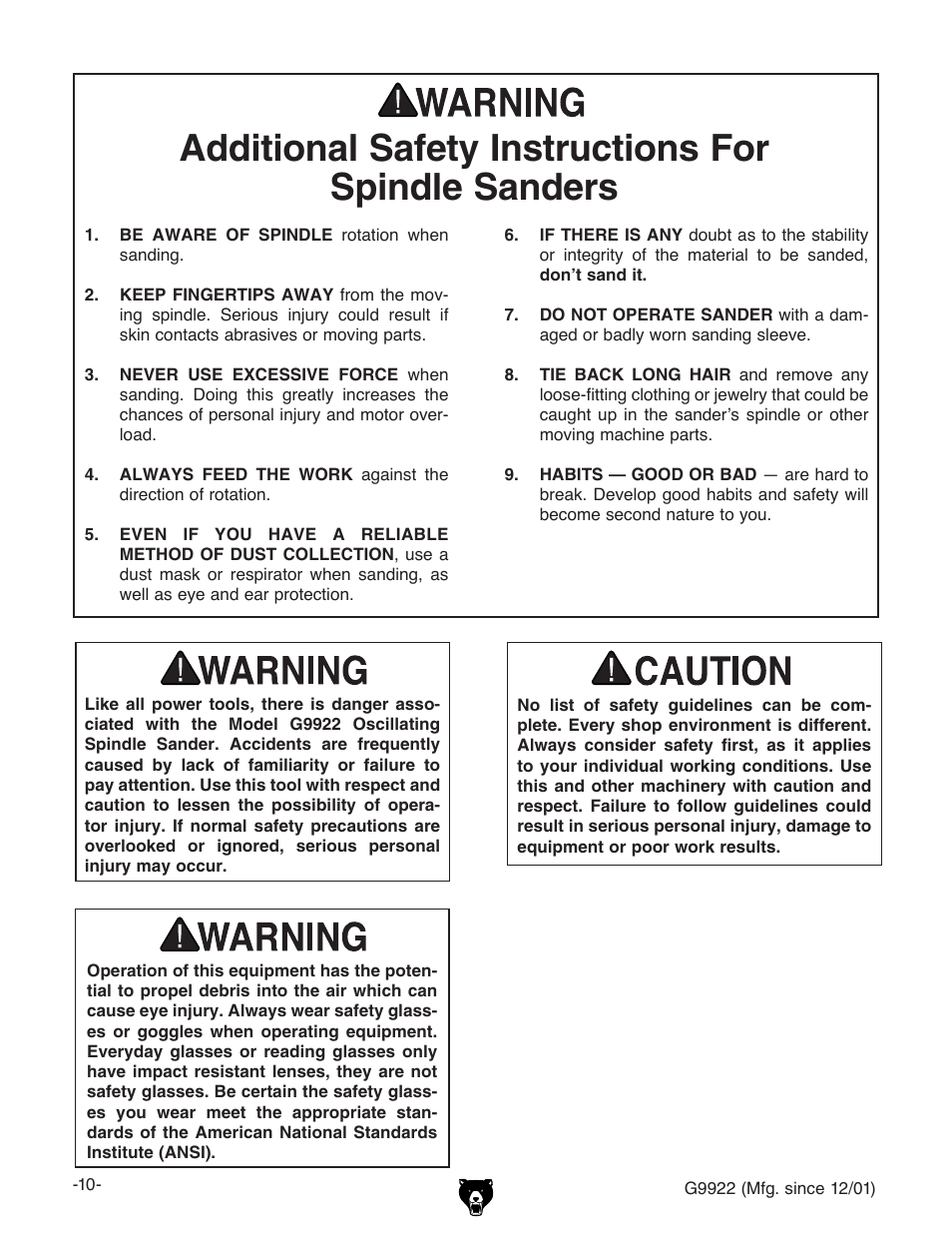 Additional safety instructions for spindle sanders | Grizzly G9922 User Manual | Page 10 / 36